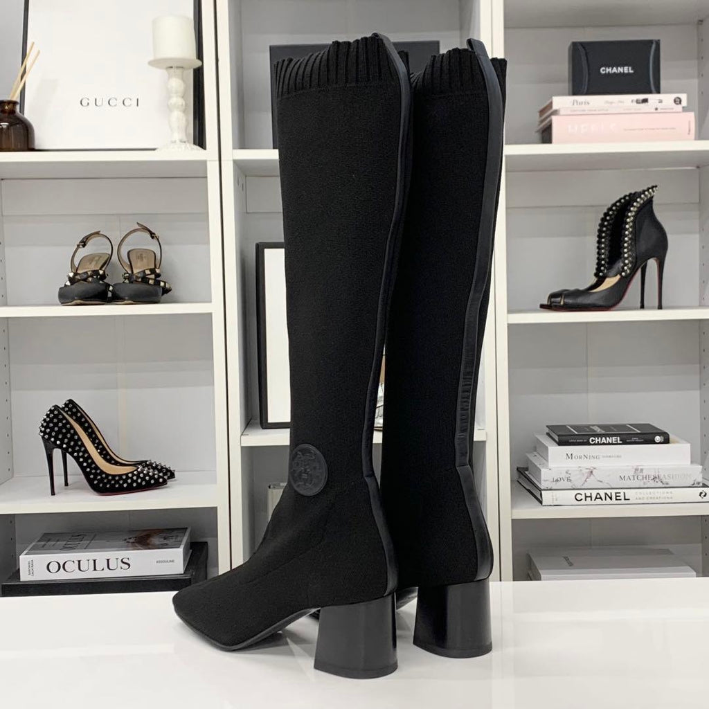 Hermes Vol Vert Knit Leather Exlibris Long Boots Black — view 4