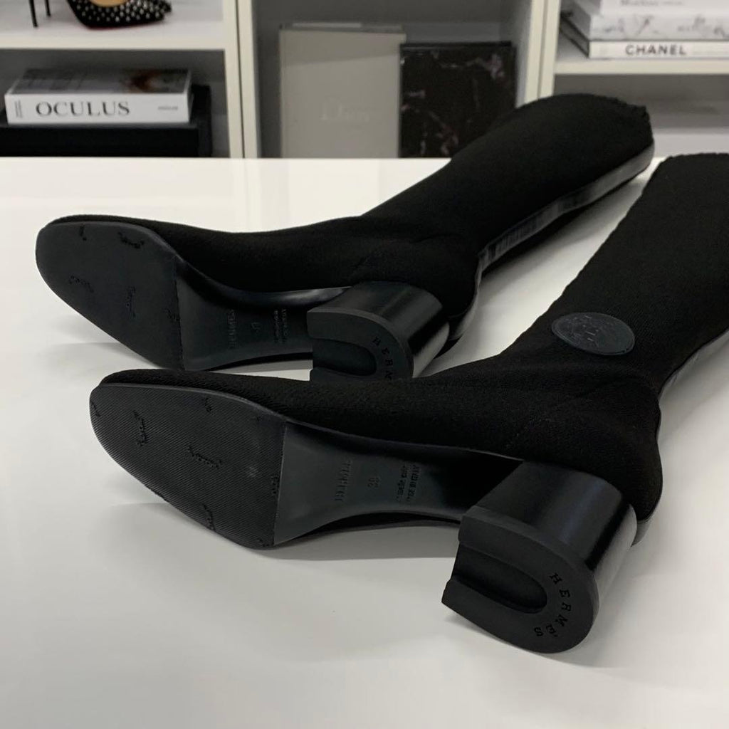 Hermes Vol Vert Knit Leather Exlibris Long Boots Black — view 6
