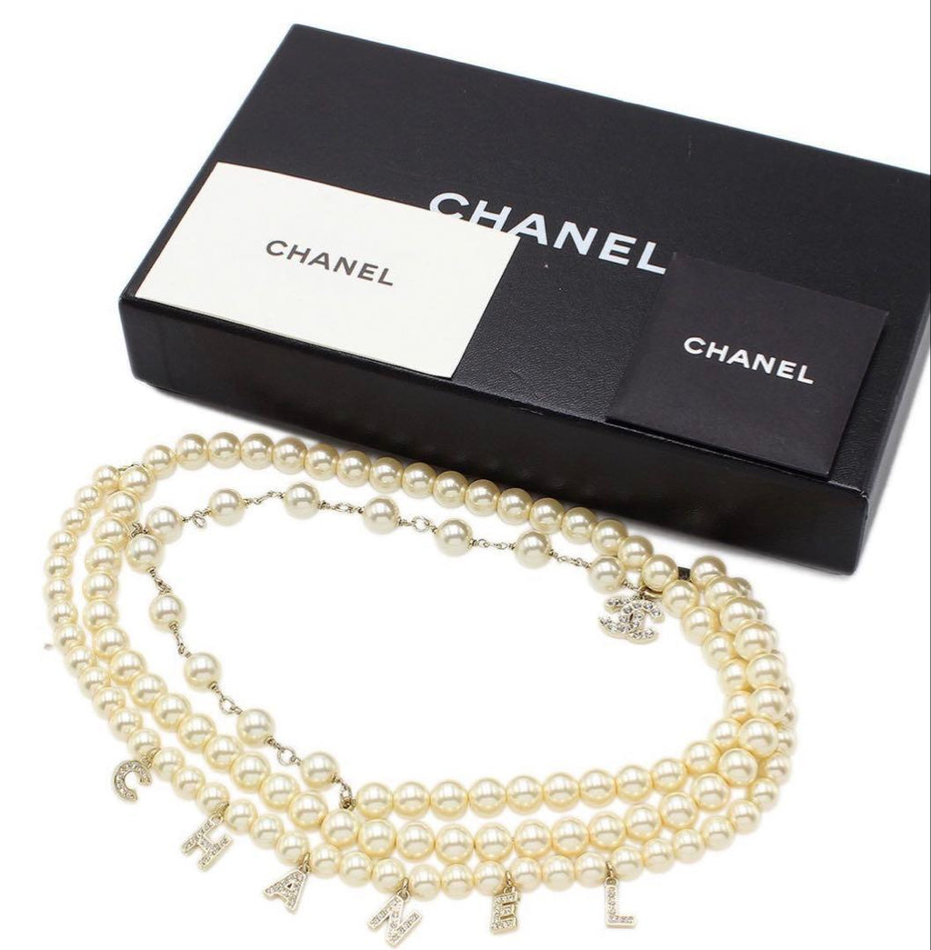 Chanel Faux Pearl Logo Double Chain : White Champagne