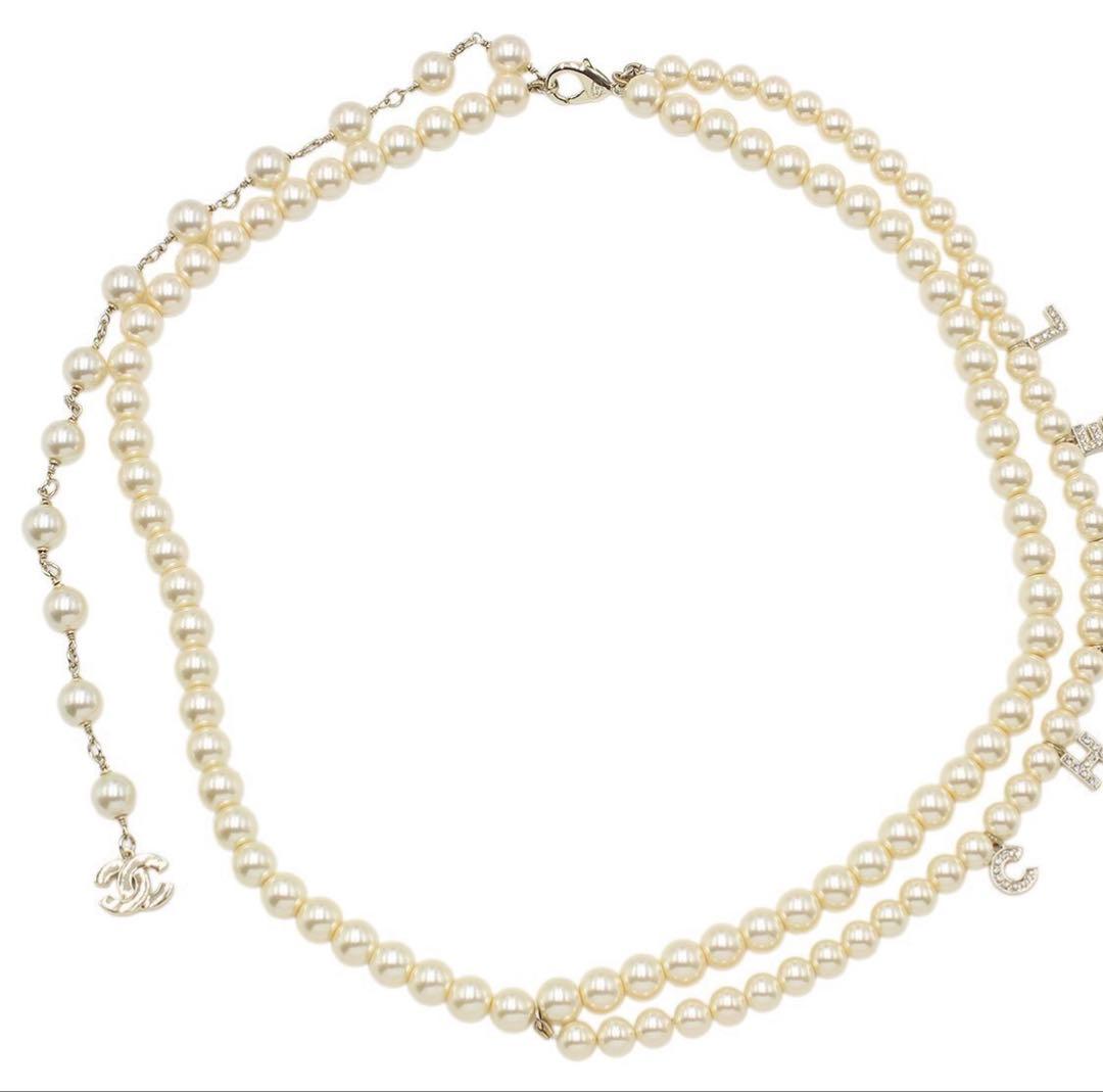 Chanel Faux Pearl Logo Double Chain : White Champagne