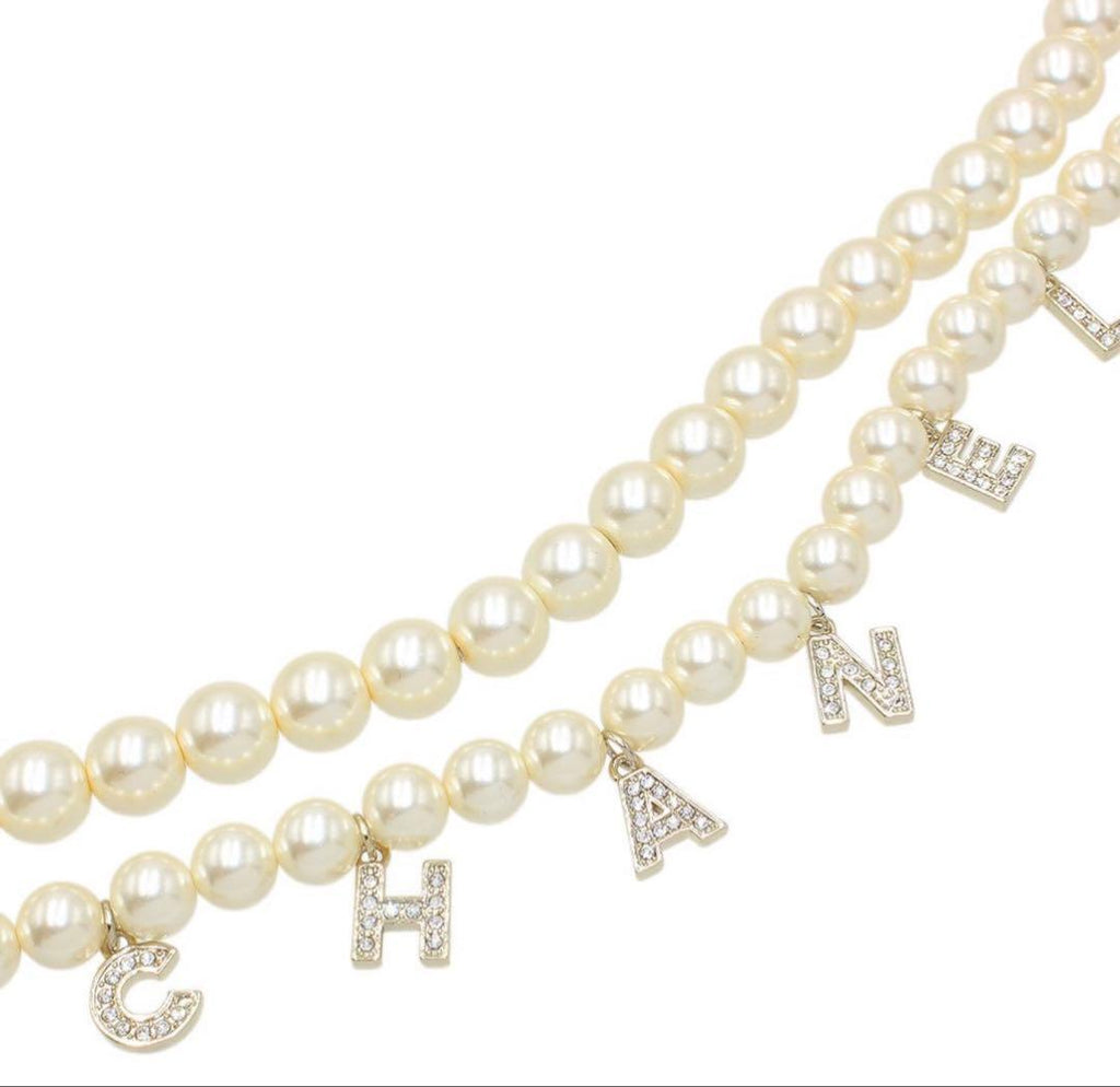 Chanel Faux Pearl Logo Double Chain : White Champagne