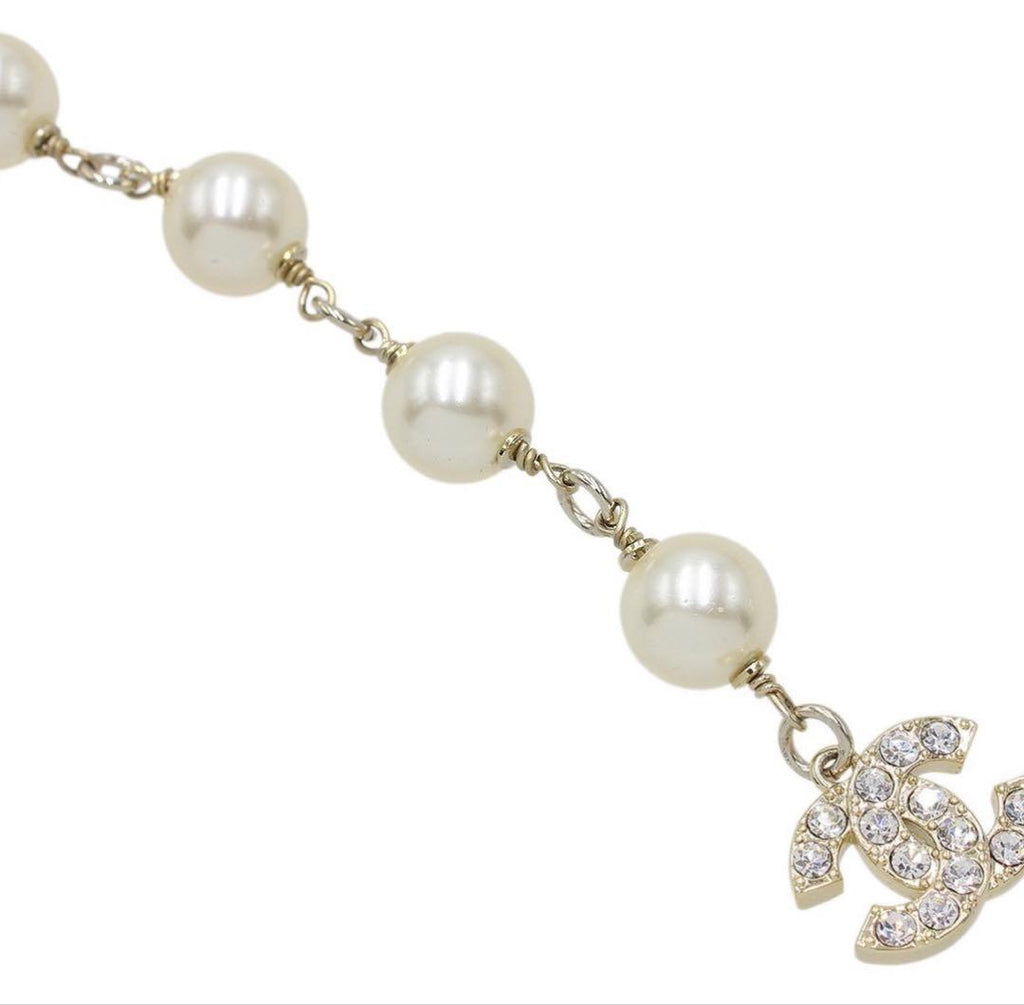 Chanel Faux Pearl Logo Double Chain : White Champagne