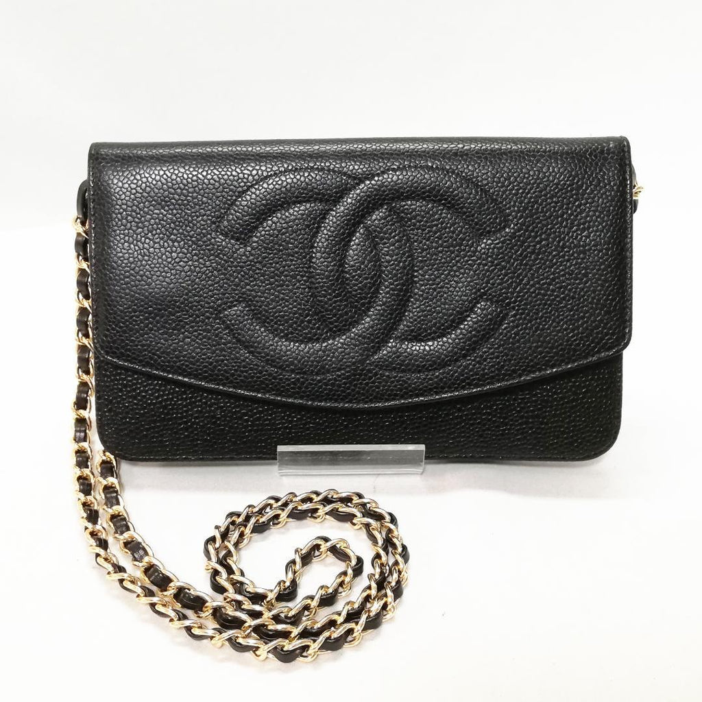 Chanel Caviar Leather Bifold Wallet Chain Black
