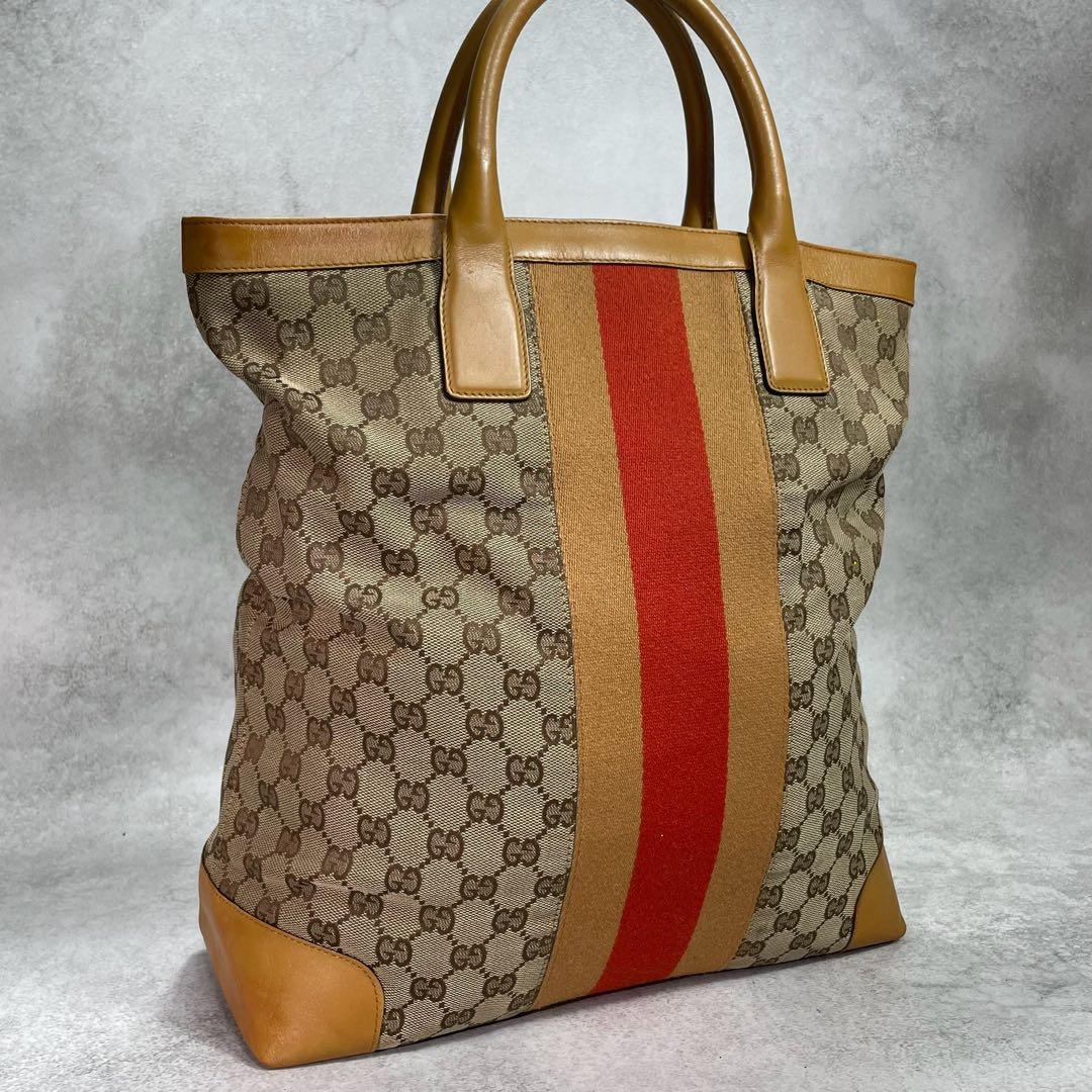 Gucci GG Sherry Line Tote Bag Brown Yellow Leather