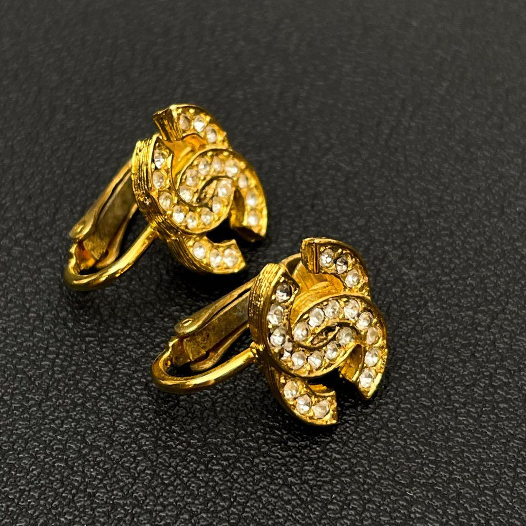 Chanel CC Logo Earrings Rhinestone Icon Gold — view 3