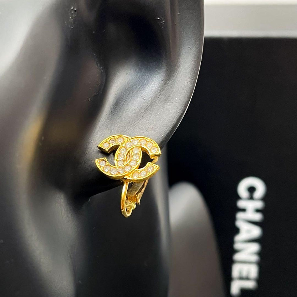 Chanel CC Logo Earrings Rhinestone Icon Gold — view 8