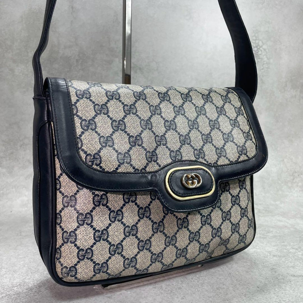 Gucci GG Shoulder Bag Navy Beige Logo Leather