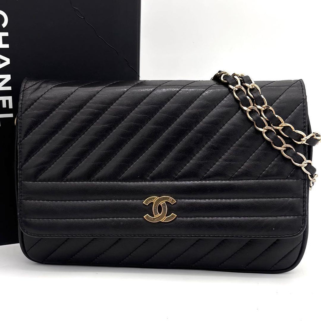Chanel Mademoiselle Chain Shoulder Bag Black Leather Gold