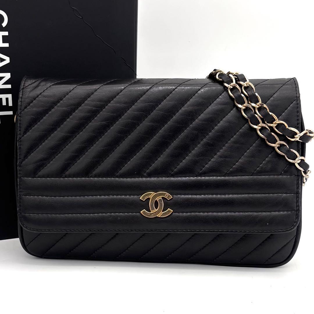 Chanel Mademoiselle Chain Shoulder Bag Black Leather Gold