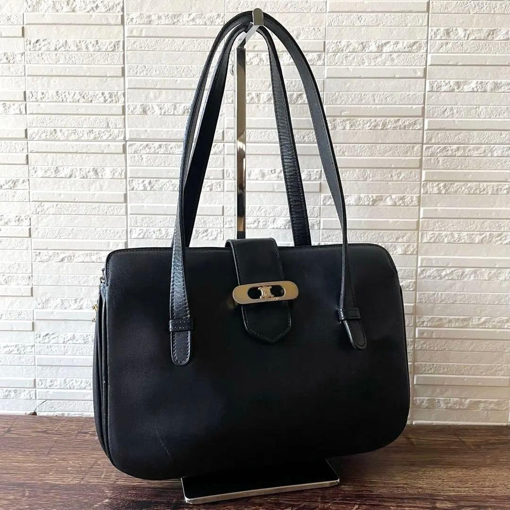 Celine Leather Triomphe Logo Hand Bag Gold Black