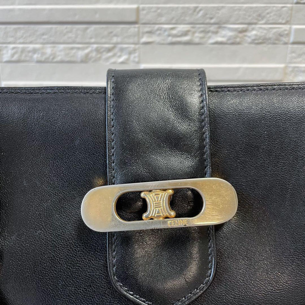 Celine Leather Triomphe Logo Hand Bag Gold Black — view 9