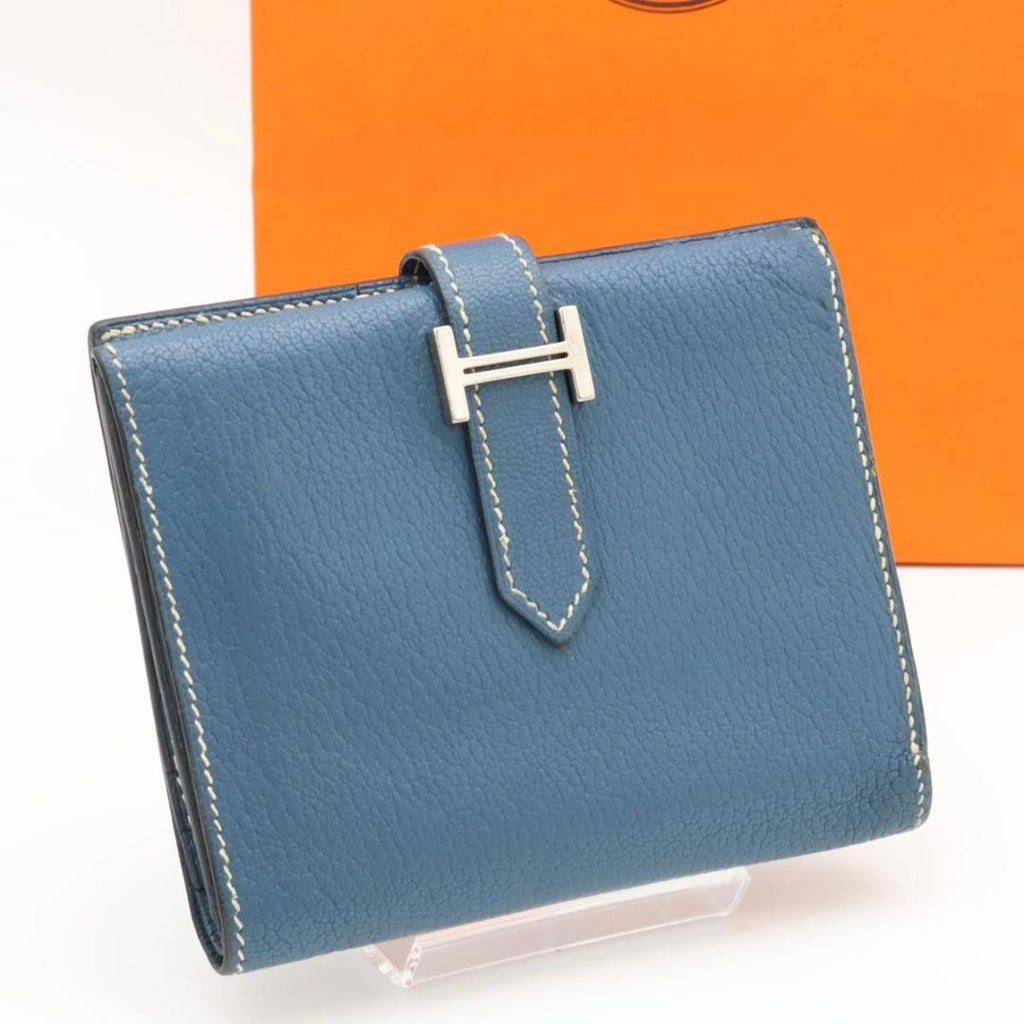 Hermes Bearn Compact Chevre Bifold Wallet Blue