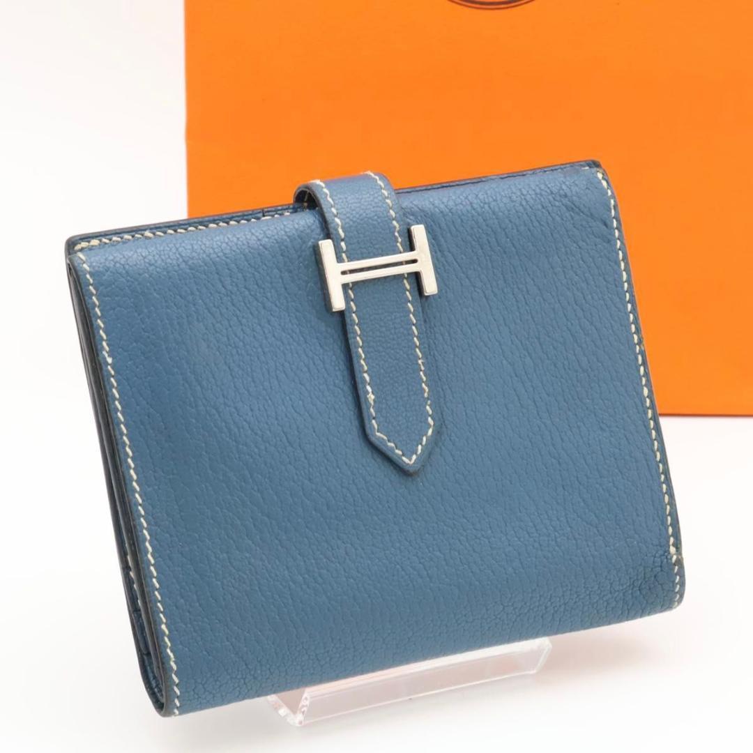 Hermes Bearn Compact Chevre Bifold Wallet Blue