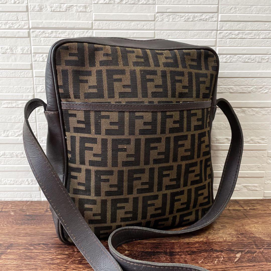 Fendi Canvas Leather Zucca Pattern Shoulder Bag Brown
