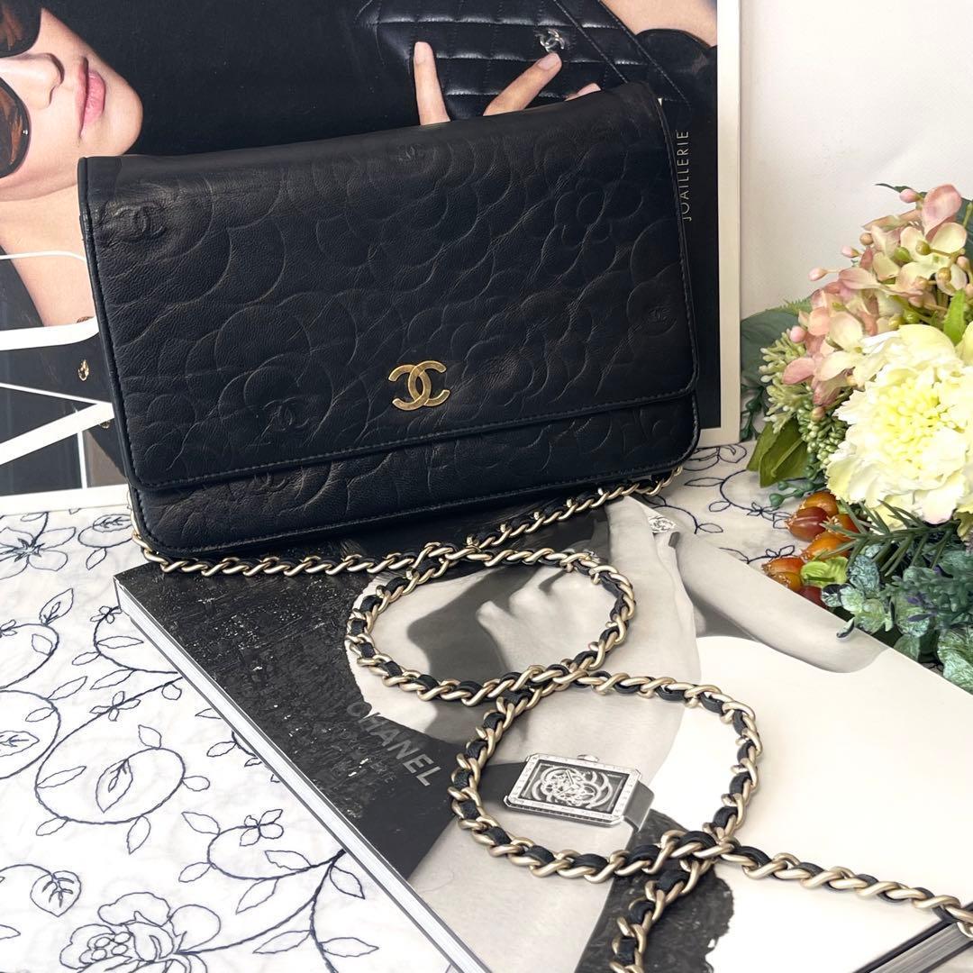 Chanel Chain Wallet Camellia Black Shoulder