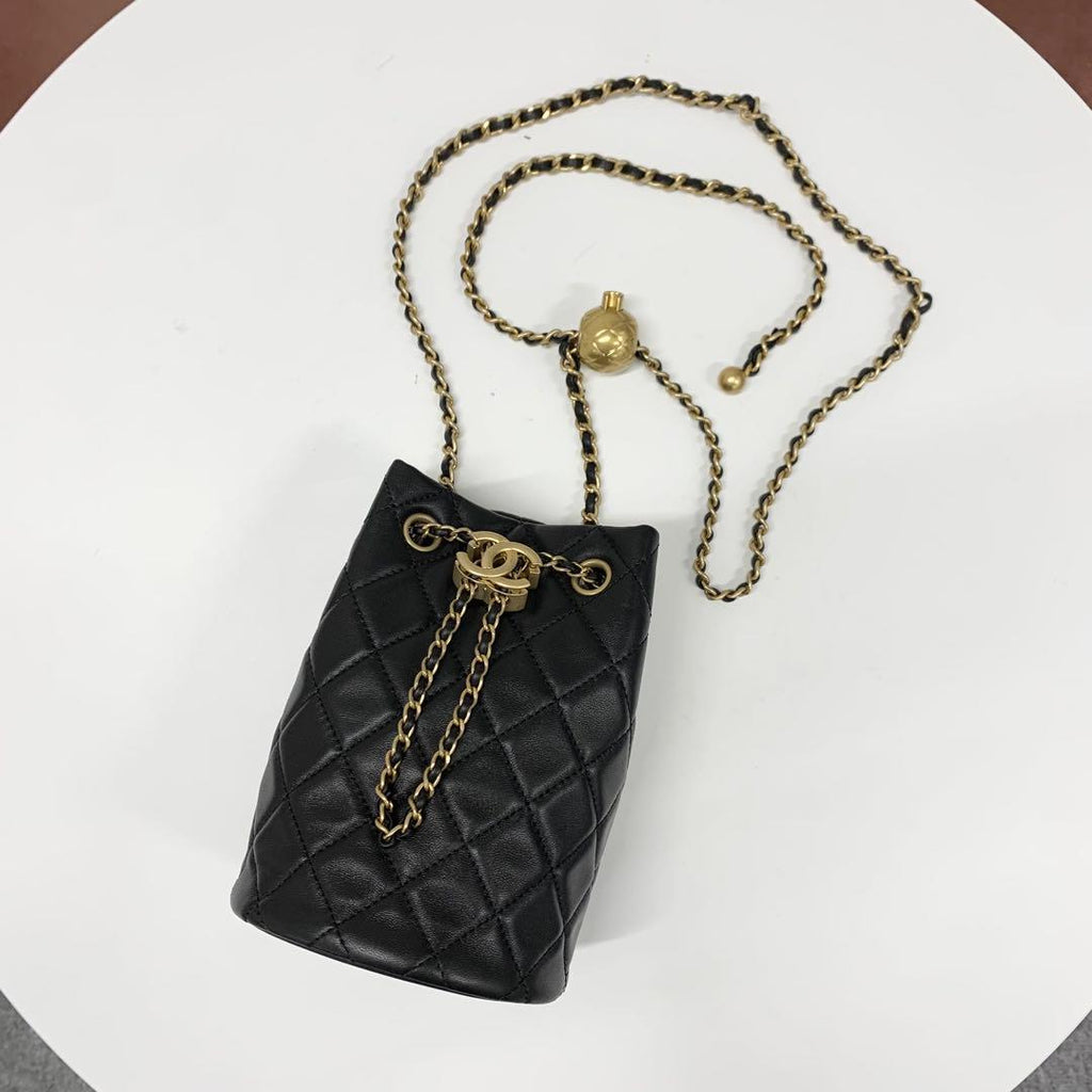 Chanel CC Logo Lambskin Chain Drawstring Shoulder Bag Black — view 5