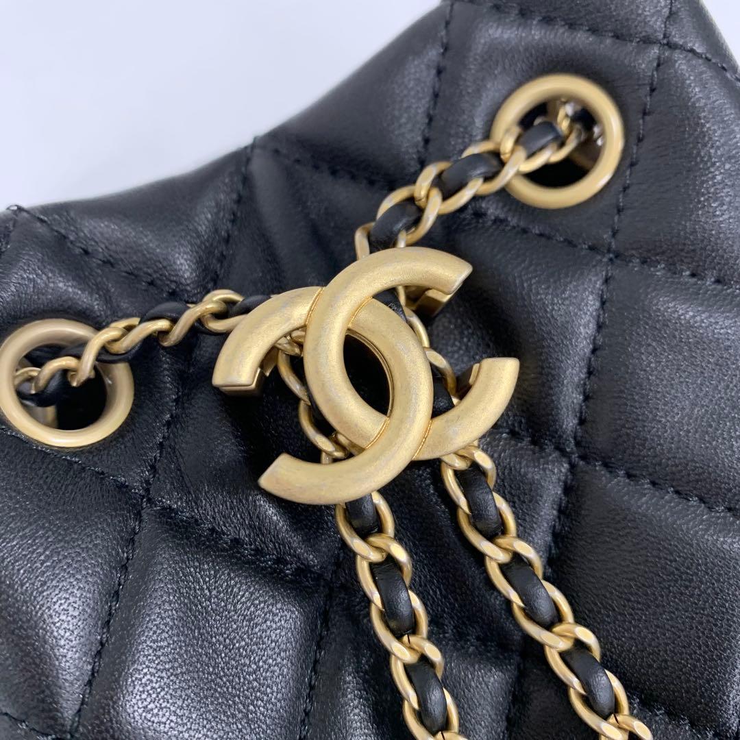Chanel CC Logo Lambskin Chain Drawstring Shoulder Bag Black — view 9