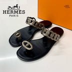 Hermes Eos Chaine D'ancre Leather Flat Sandals Black