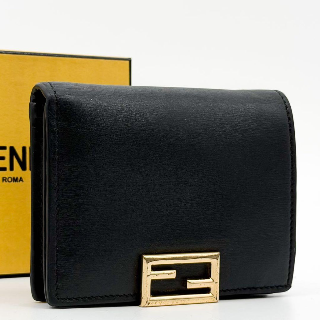 Fendi FF Bifold Wallet Black Leather Compact Pecan