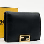 Fendi FF Bifold Wallet Black Leather Compact Pecan