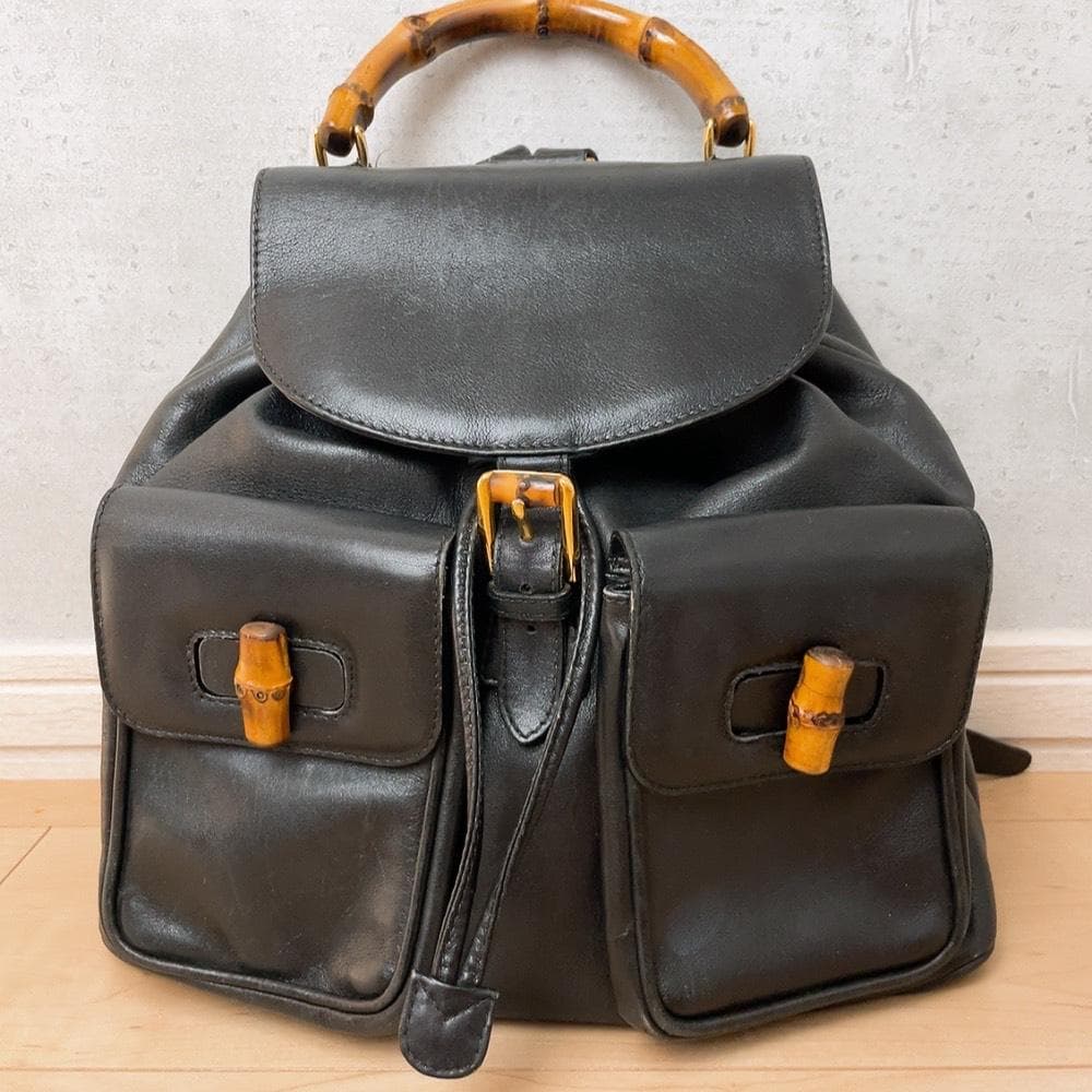 Gucci Vintage Bamboo Backpack Leather Turnlock Black