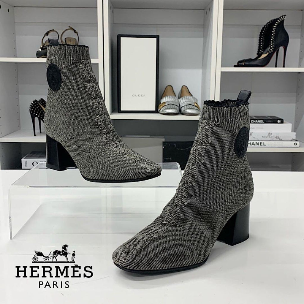 Hermes Vol Vert Knit Exlibris Short Boots Gray