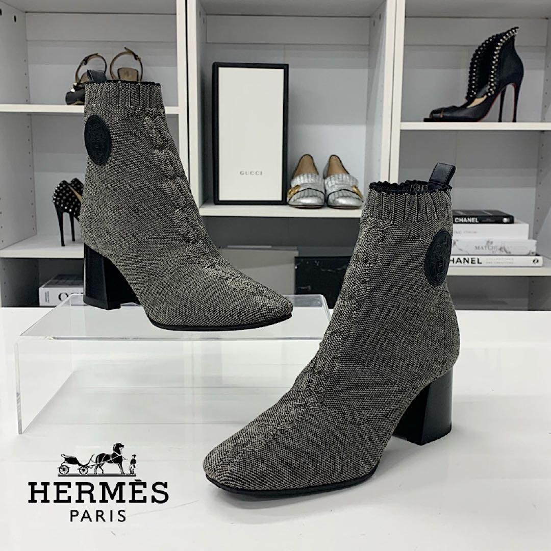 Hermes Vol Vert Knit Exlibris Short Boots Gray