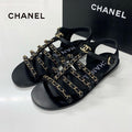 Chanel CC Logo Leather Chain Flat Sandals Black