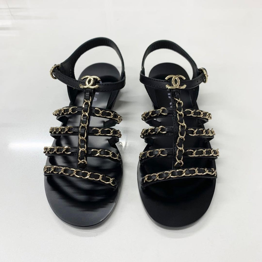 Chanel CC Logo Leather Chain Flat Sandals Black — view 2