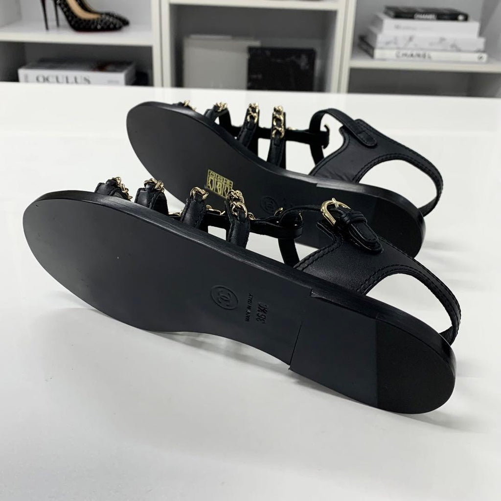 Chanel CC Logo Leather Chain Flat Sandals Black — view 6