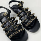 Chanel CC Logo Leather Chain Flat Sandals Black — view 9