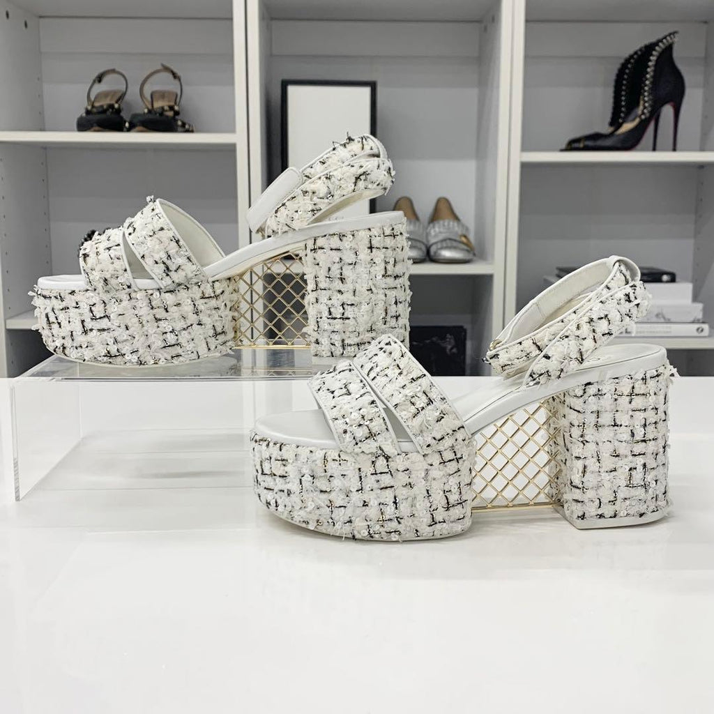 Chanel Tweed Glitter CC Logo Strap Velcro Sandals — view 2