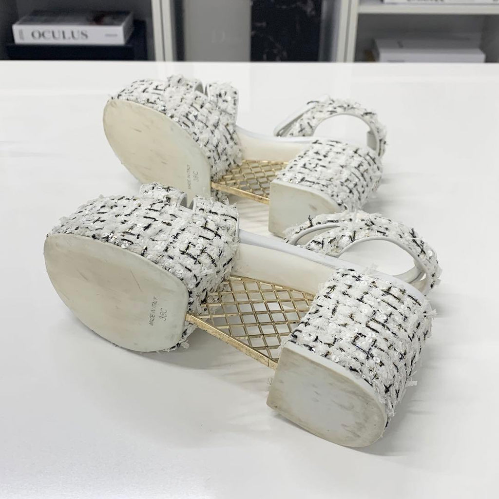 Chanel Tweed Glitter CC Logo Strap Velcro Sandals — view 7