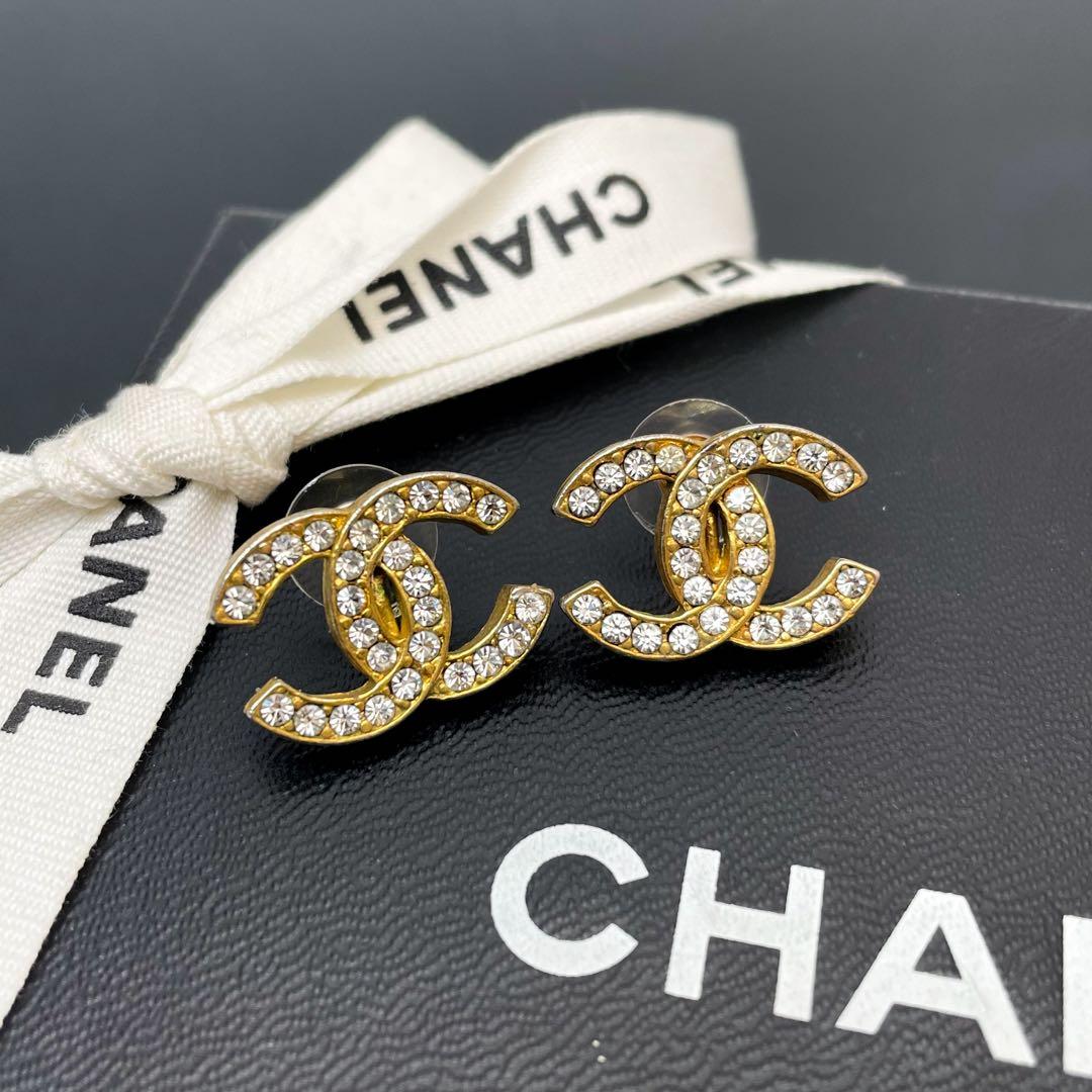 Chanel CC Logo Earrings Rhinestone Icon Gold