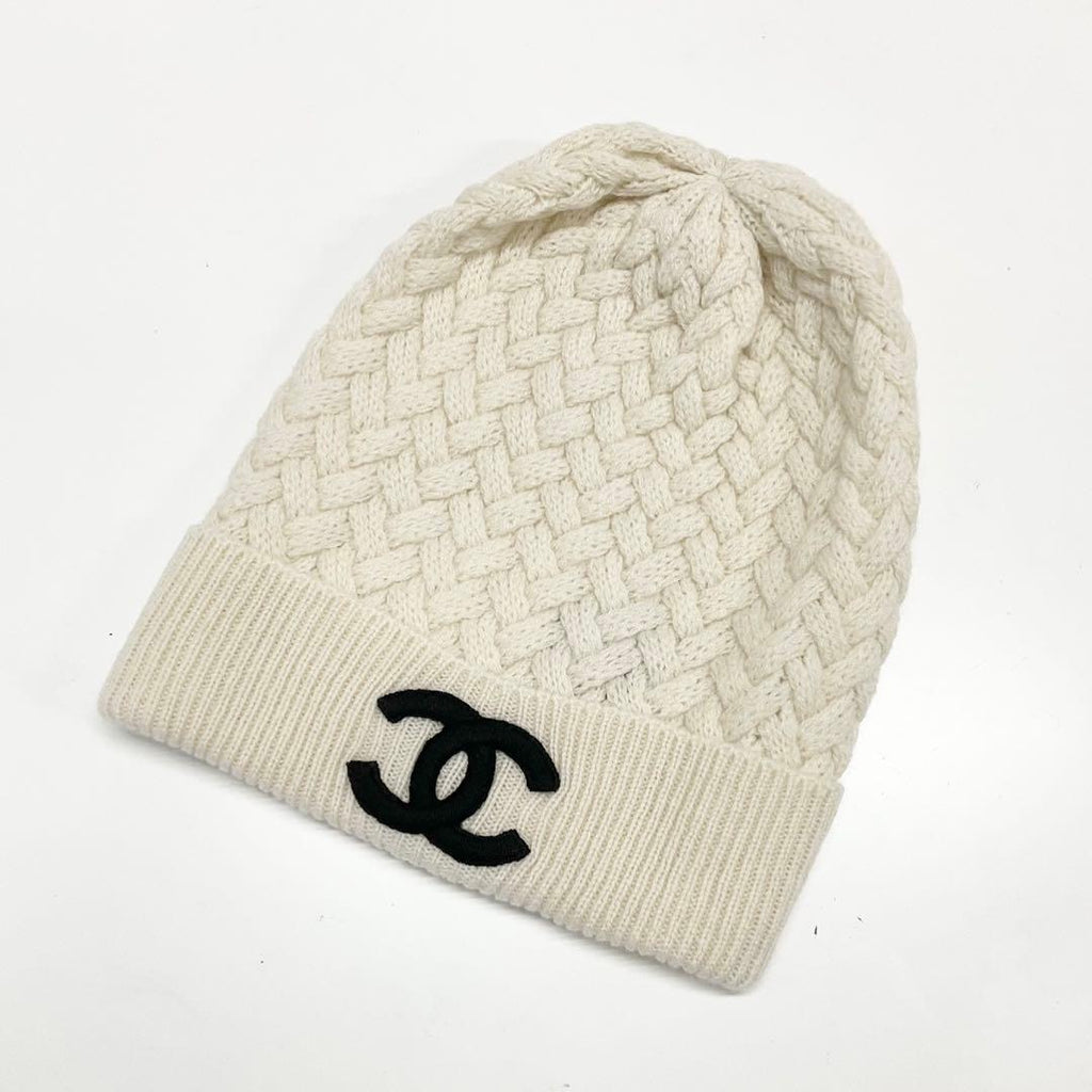 Chanel CC Logo Cashmere Knit Cap Hat White