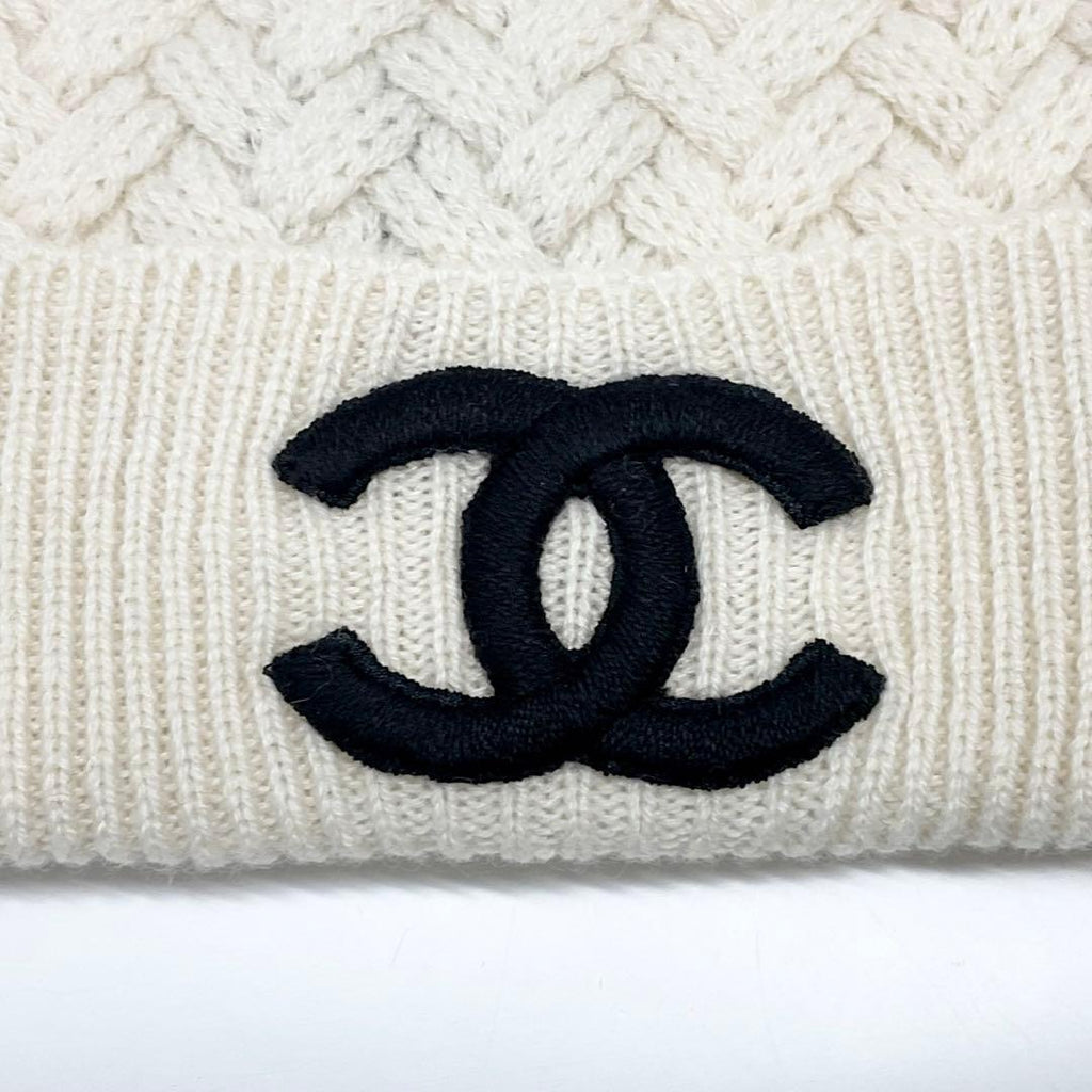 Chanel CC Logo Cashmere Knit Cap Hat White — view 4