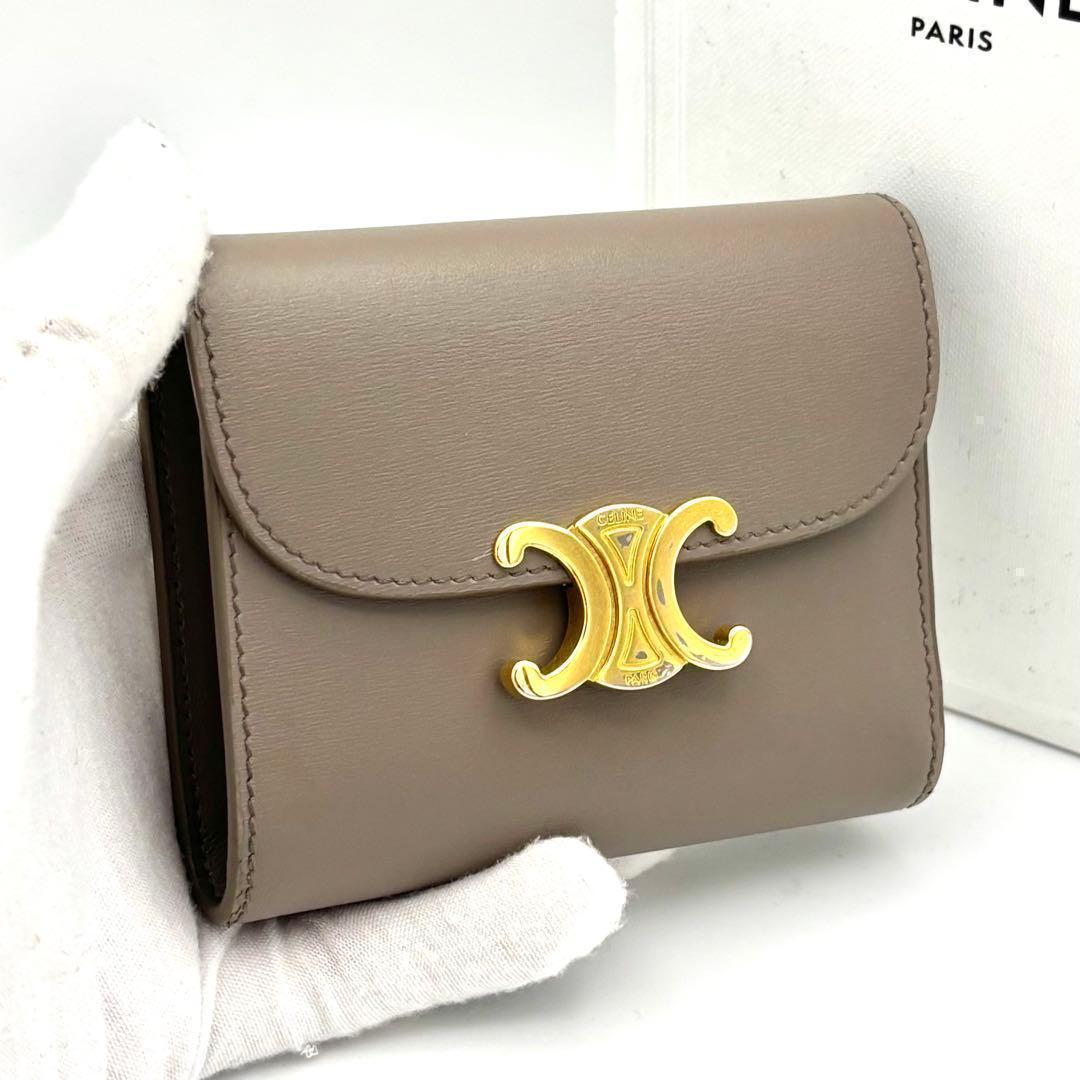 Celine Wallet Small Flap Triomphe Gray Leather