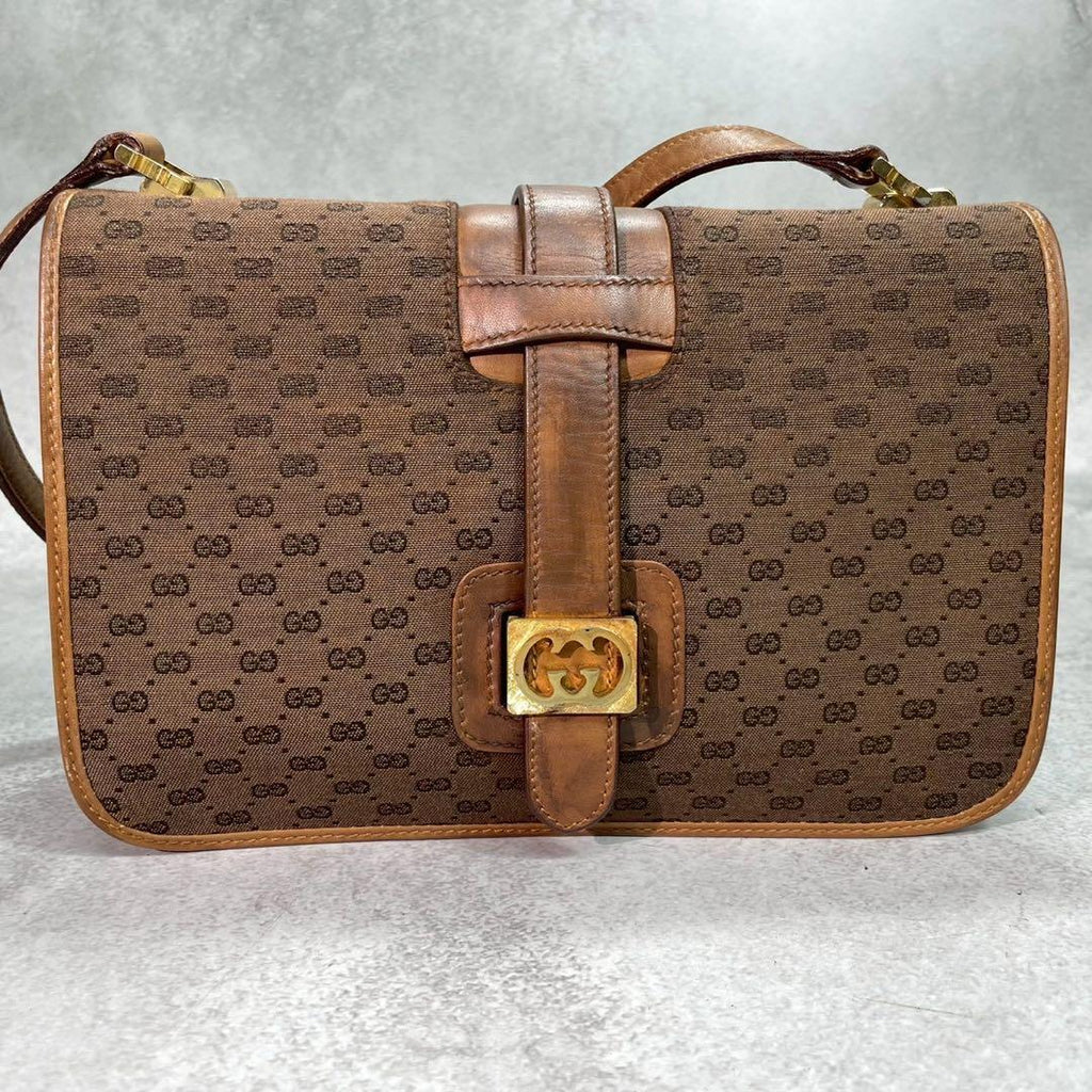 Gucci GG Shoulder Bag Brown Beige Leather Logo — view 2