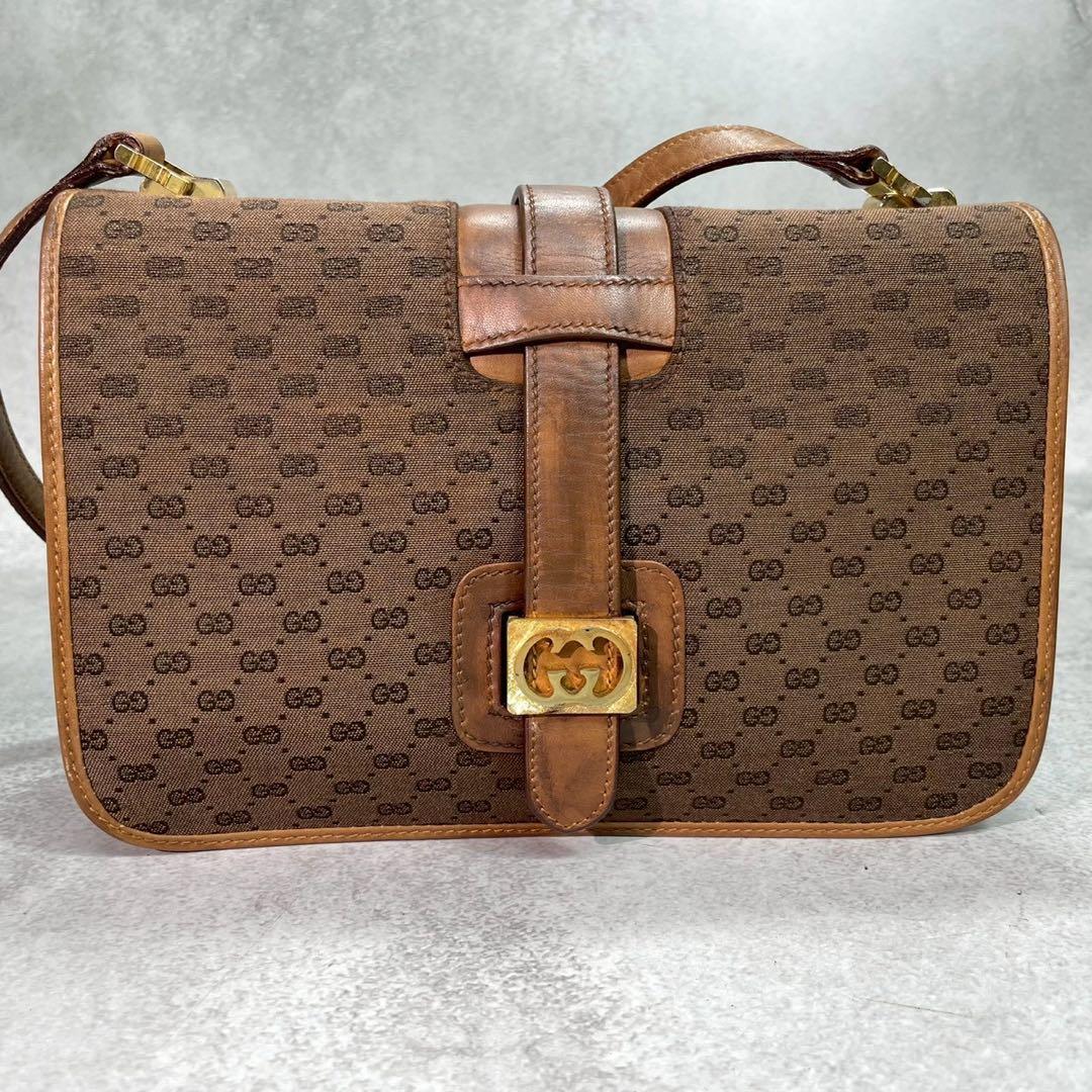 Gucci GG Shoulder Bag Brown Beige Leather Logo — view 2