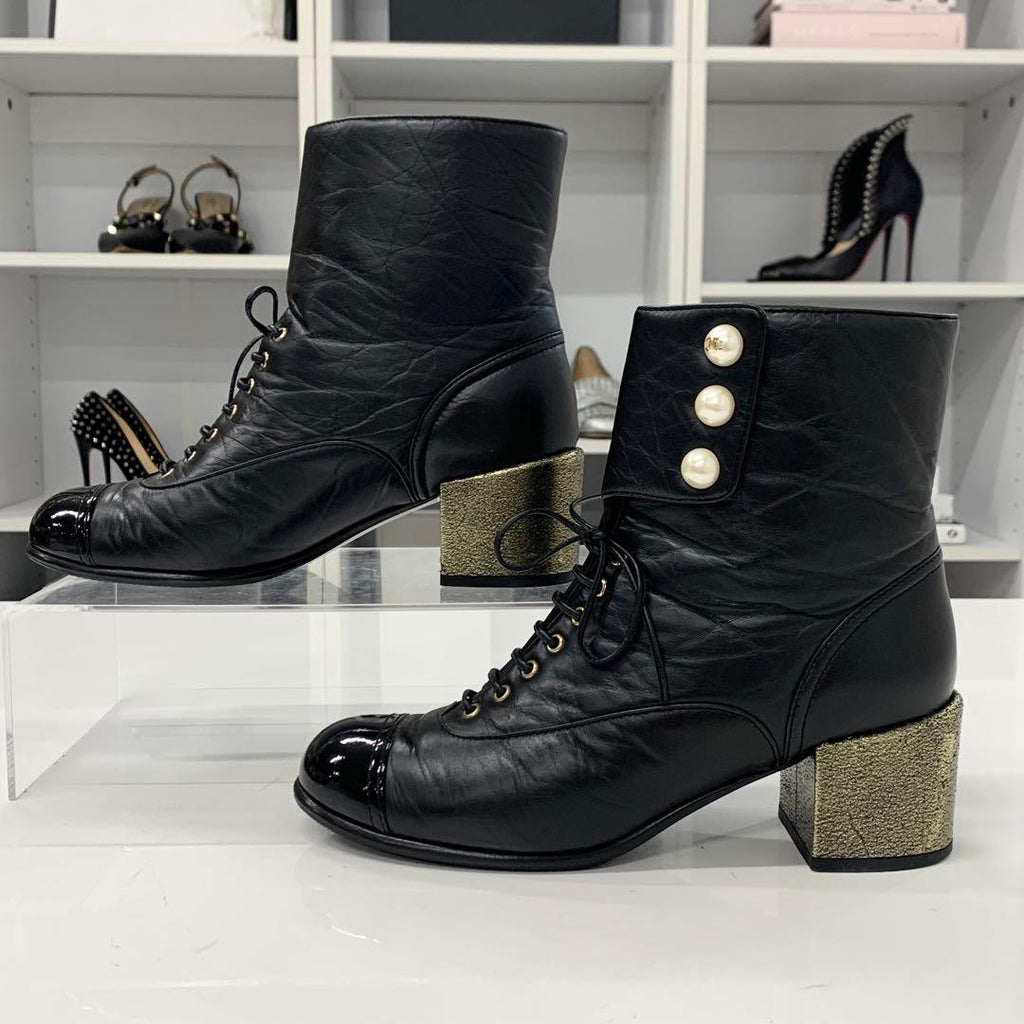 Chanel Leather Coco Mark Pearl Wrinkled Lace Up Short Boots — view 2
