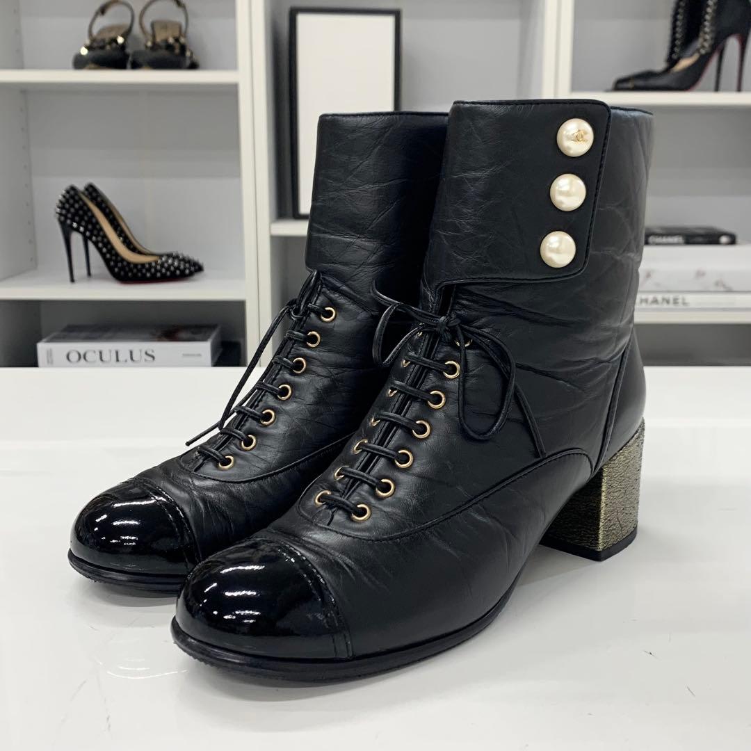 Chanel Leather Coco Mark Pearl Wrinkled Lace Up Short Boots — view 3