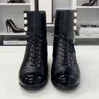 Chanel Leather Coco Mark Pearl Wrinkled Lace Up Short Boots — view 4