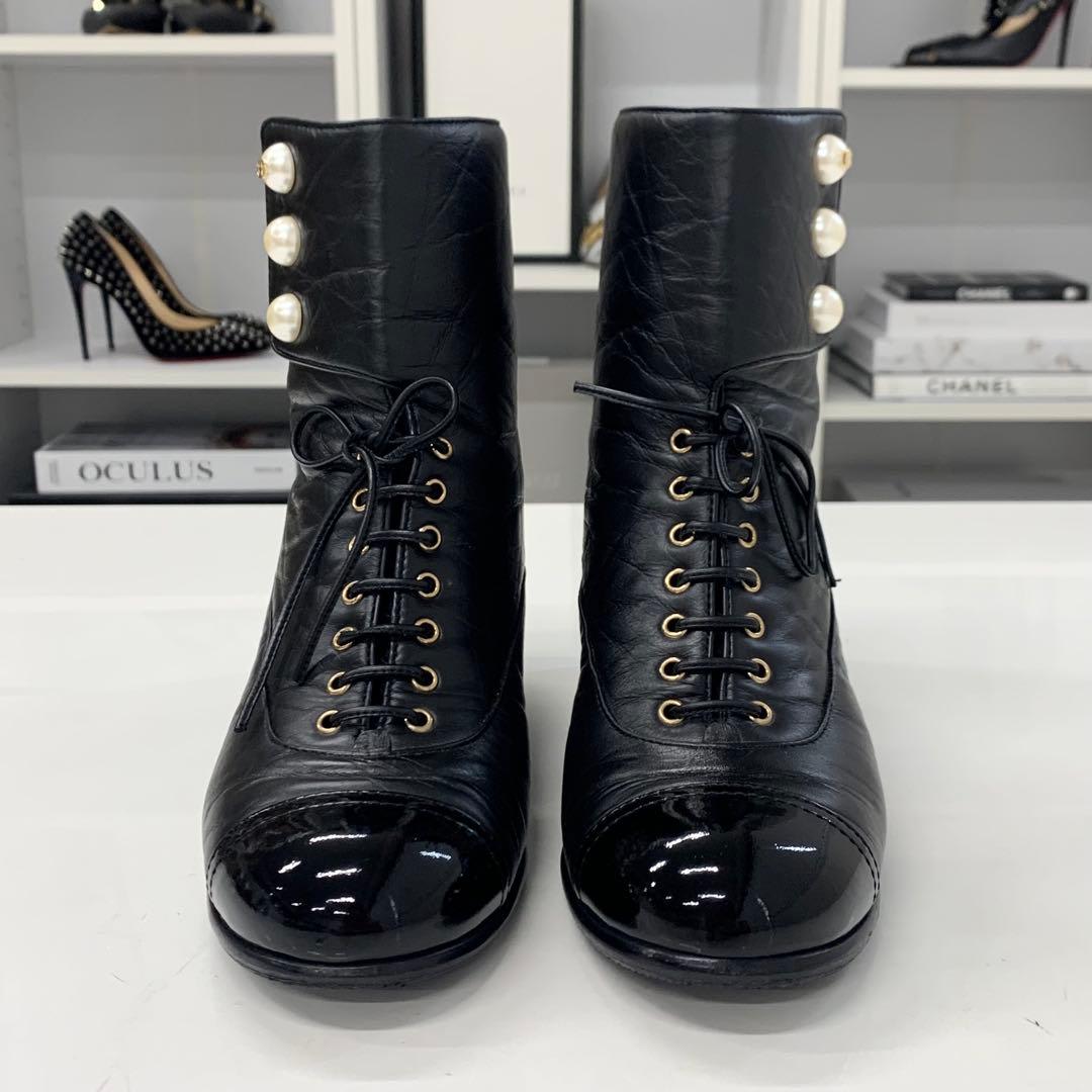 Chanel Leather Coco Mark Pearl Wrinkled Lace Up Short Boots — view 4