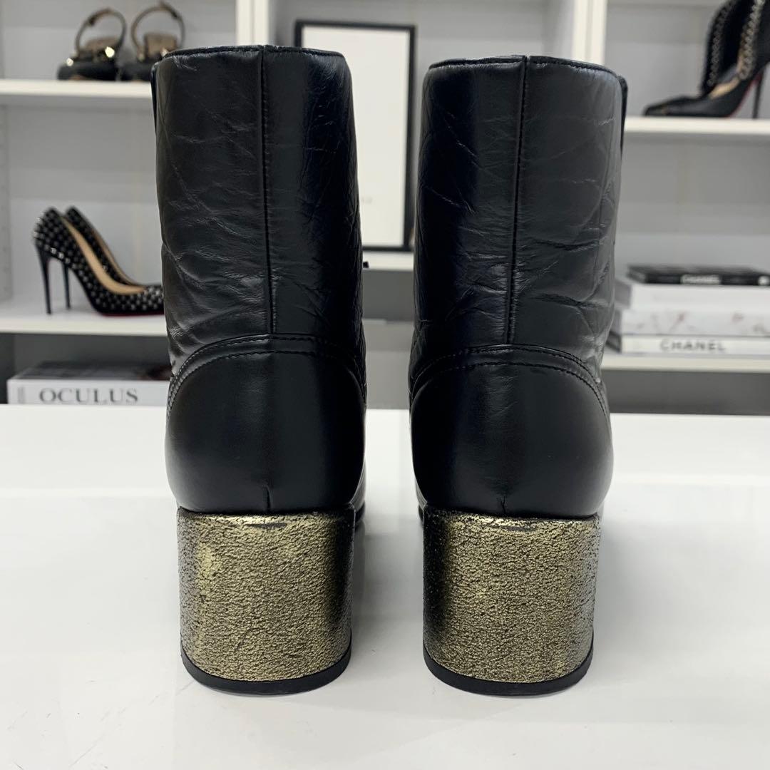 Chanel Leather Coco Mark Pearl Wrinkled Lace Up Short Boots — view 5