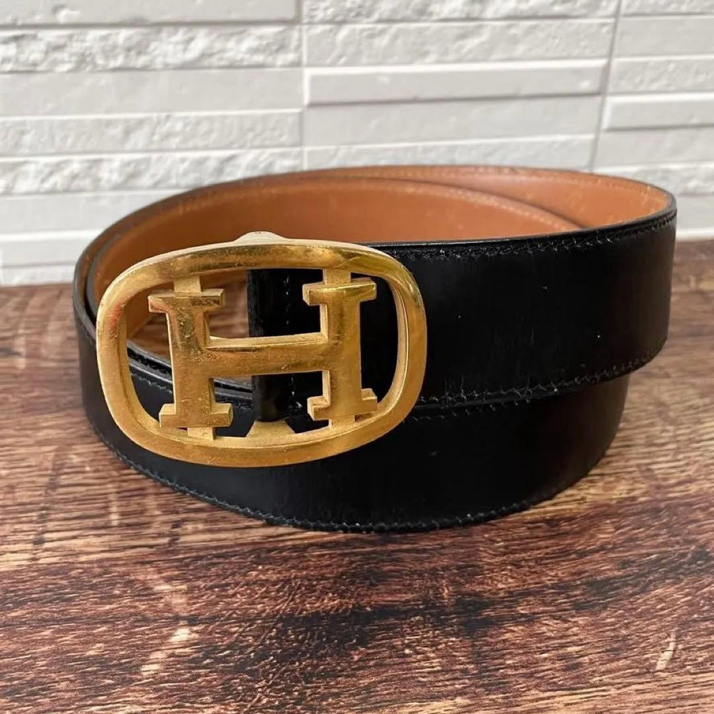 Hermes Leather Buckle Gold Belt Black Brown