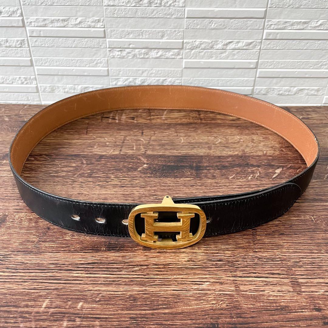 Hermes Leather Buckle Gold Belt Black Brown — view 4