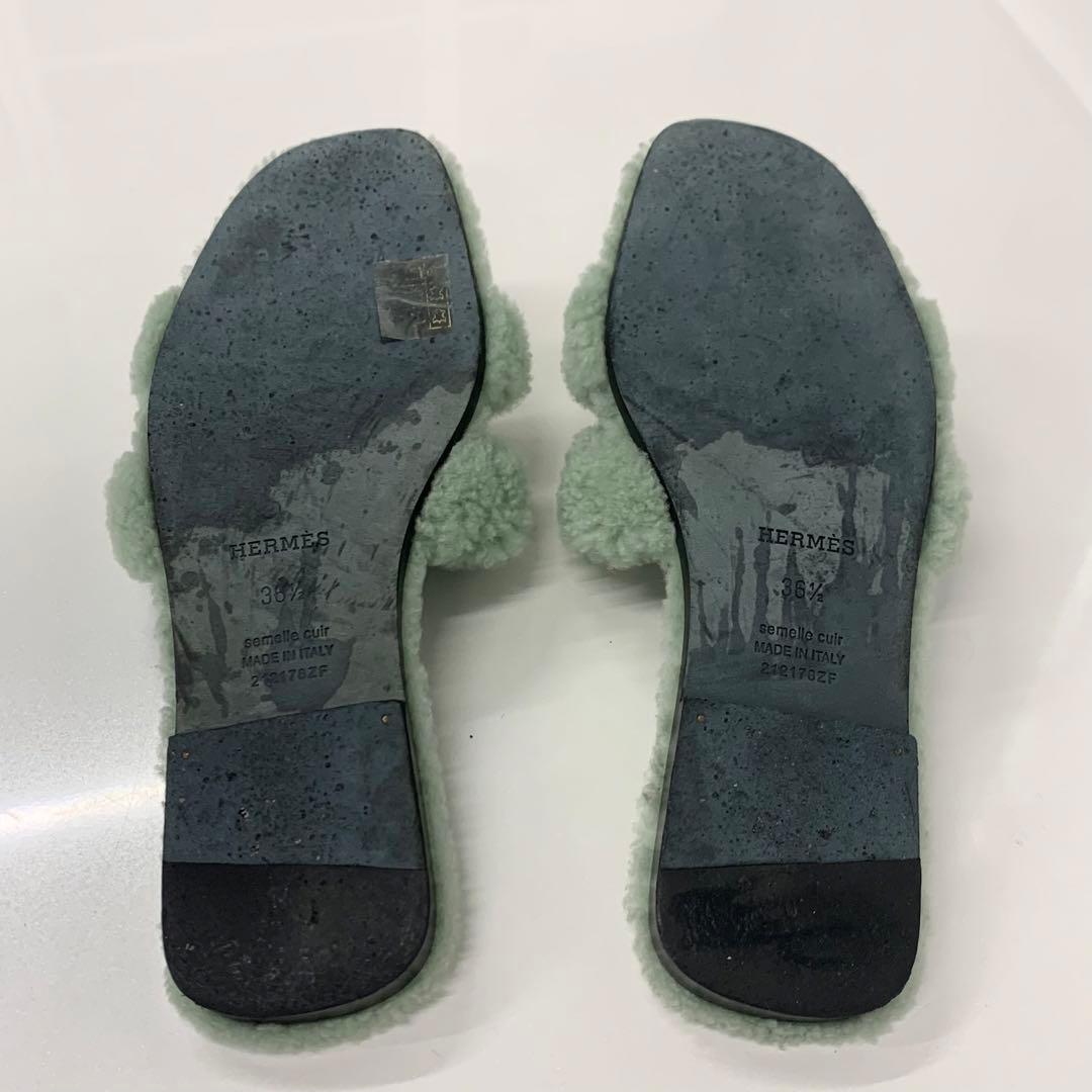 Hermes Oran Shearling Sandals Green — view 6