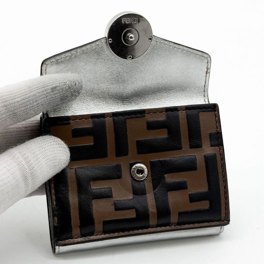 Fendi Limited Edition Zucca Pattern Silver F's Compact Leather Wallet — view 8
