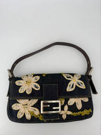 Fendi Denim Flower Embroidery Baguette Bag