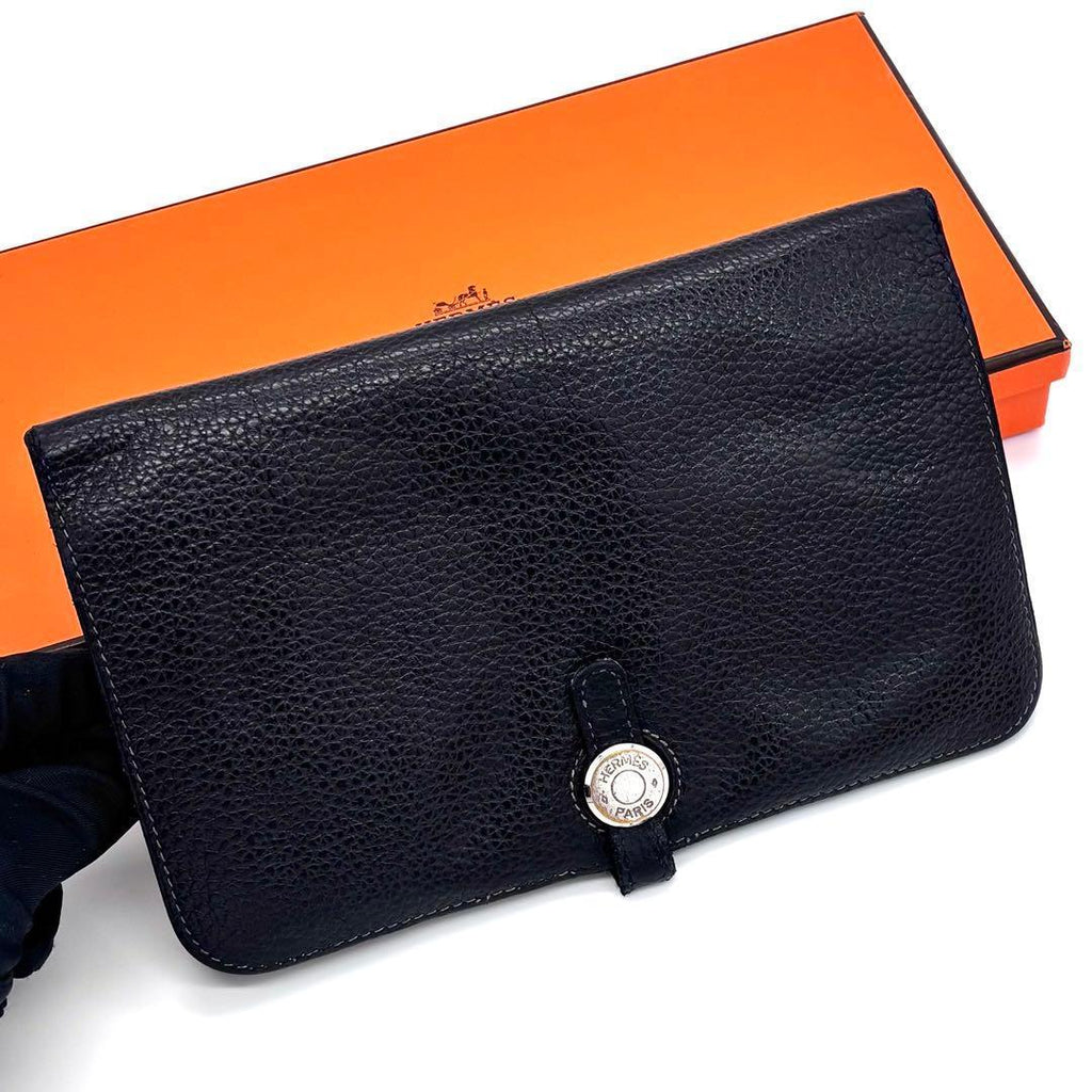 Hermes Dogon GM Navy Togo Silver Wallet Coin Case